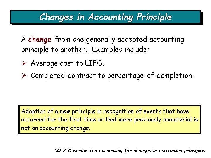 Changes in Accounting Principle A change from one generally accepted accounting principle to another.