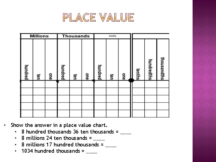  • Show the answer in a place value chart. • 8 hundred thousands
