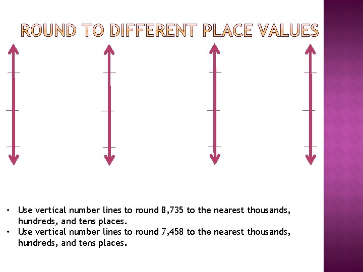  • Use vertical number lines to round 8, 735 to the nearest thousands,