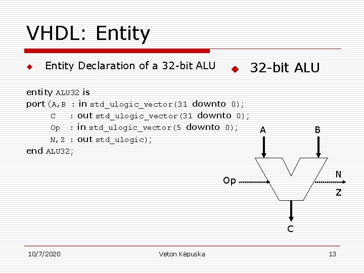 VHDL: Entity u Entity Declaration of a 32 -bit ALU u entity ALU 32