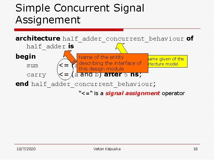 Simple Concurrent Signal Assignement architecture half_adder_concurrent_behaviour of half_adder is begin Name of the entity