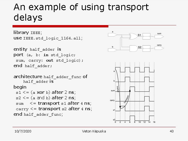 An example of using transport delays library IEEE; use IEEE. std_logic_1164. all; entity half_adder