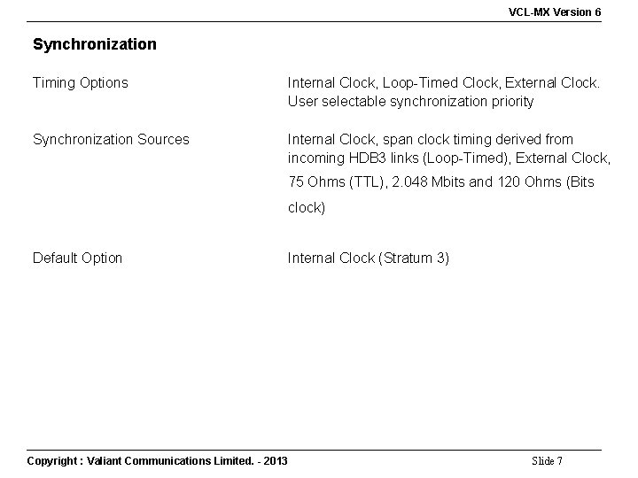 VCL-MX Version 6 Synchronization Timing Options Internal Clock, Loop-Timed Clock, External Clock. User selectable