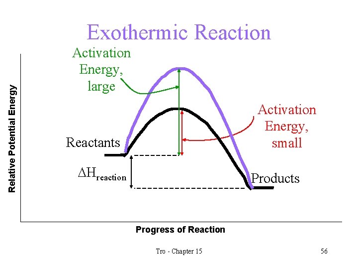 Relative Potential Energy Exothermic Reaction Activation Energy, large Activation Energy, small Reactants DHreaction Products