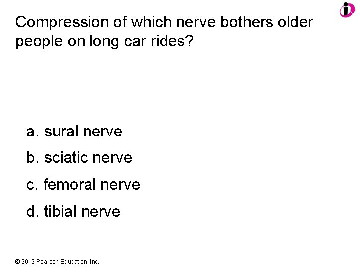 Compression of which nerve bothers older people on long car rides? a. sural nerve