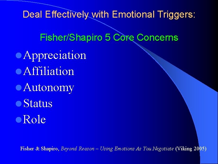 Deal Effectively with Emotional Triggers: Fisher/Shapiro 5 Core Concerns l Appreciation l Affiliation l