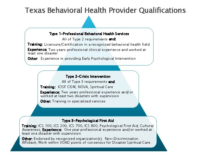 Texas Behavioral Health Provider Qualifications Type 1 -Professional Behavioral Health Services All of Type