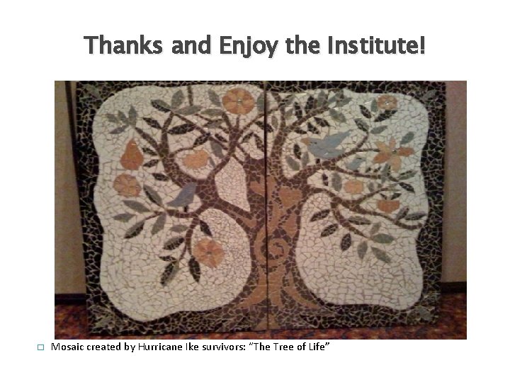 Thanks and Enjoy the Institute! � Mosaic created by Hurricane Ike survivors: “The Tree