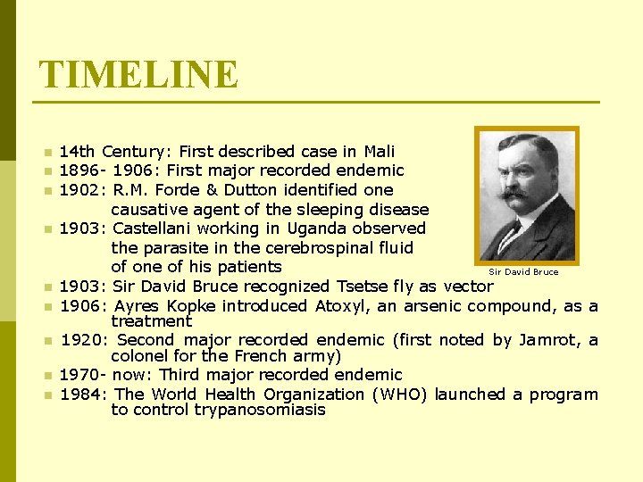 TIMELINE n n n n n 14 th Century: First described case in Mali