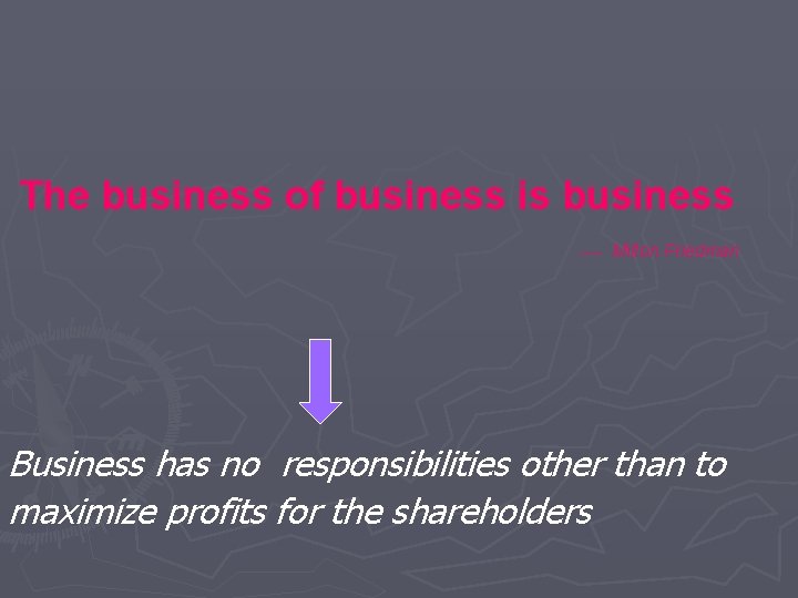 The business of business is business ---- Milton Friedman Business has no responsibilities other