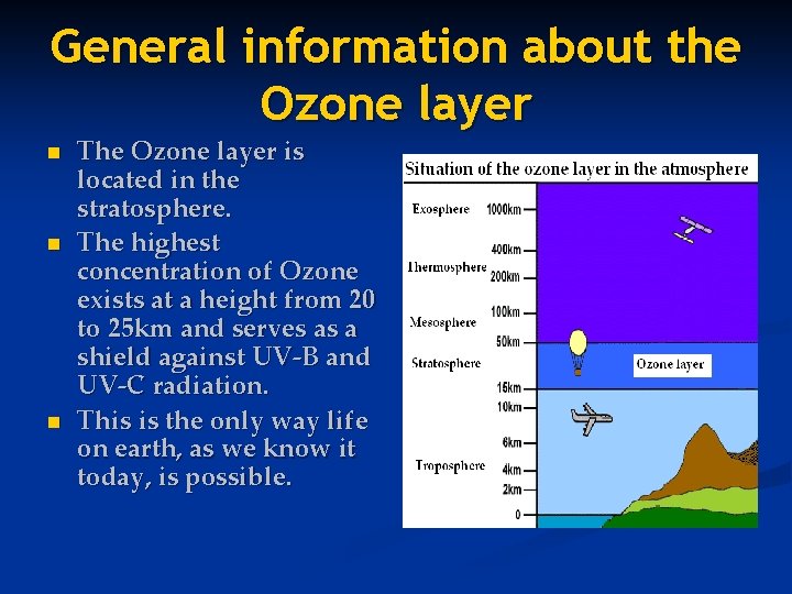 General information about the Ozone layer n n n The Ozone layer is located