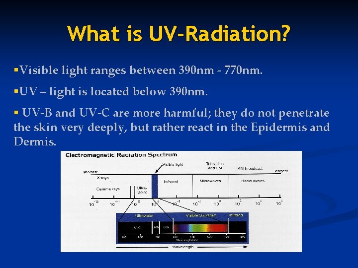 What is UV-Radiation? §Visible light ranges between 390 nm - 770 nm. §UV –