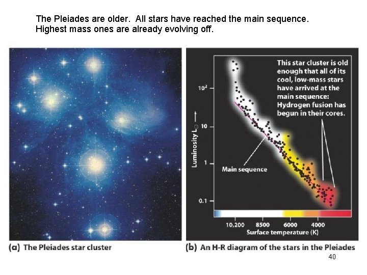 The Pleiades are older. All stars have reached the main sequence. Highest mass ones