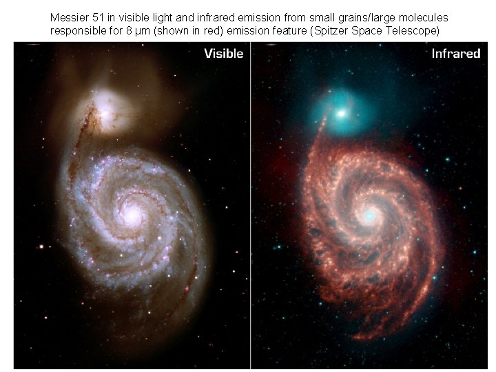 Messier 51 in visible light and infrared emission from small grains/large molecules responsible for