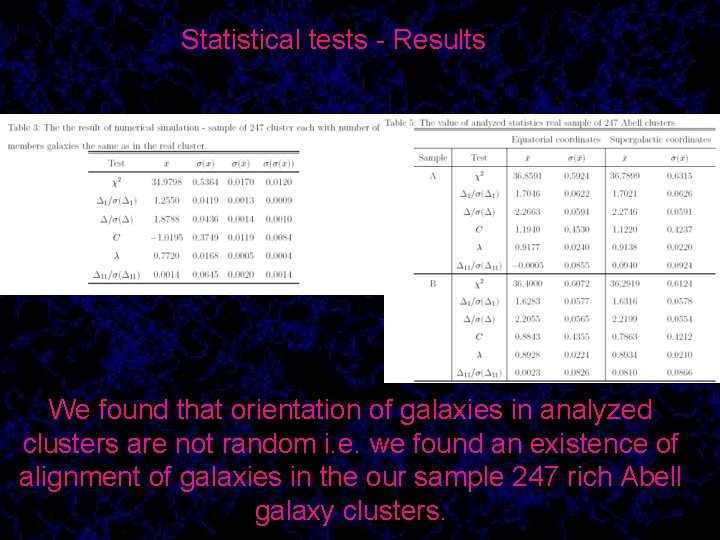 Statistical tests - Results We found that orientation of galaxies in analyzed clusters are