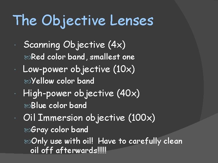 The Objective Lenses Scanning Objective (4 x) Red color band, smallest one Low-power objective