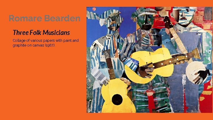 Romare Bearden Three Folk Musicians Collage of various papers with paint and graphite on