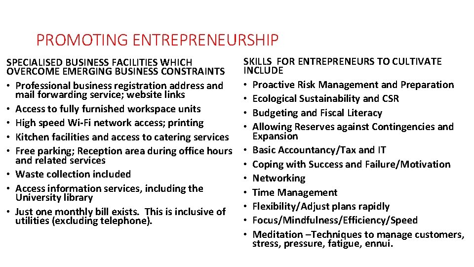 PROMOTING ENTREPRENEURSHIP SPECIALISED BUSINESS FACILITIES WHICH OVERCOME EMERGING BUSINESS CONSTRAINTS • Professional business registration