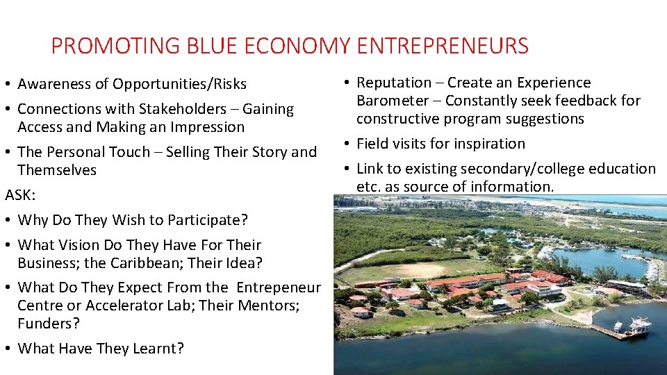 PROMOTING BLUE ECONOMY ENTREPRENEURS • Awareness of Opportunities/Risks • Connections with Stakeholders – Gaining