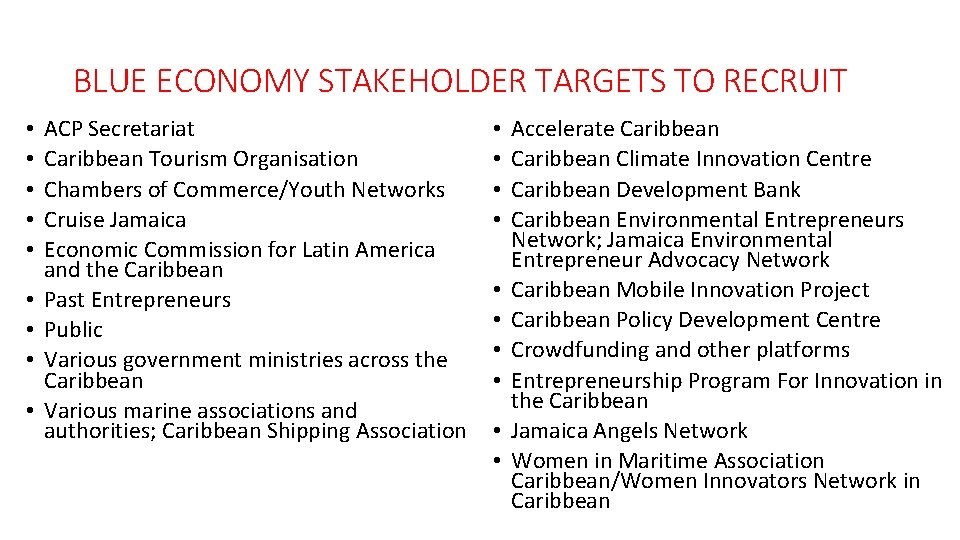 BLUE ECONOMY STAKEHOLDER TARGETS TO RECRUIT • • • ACP Secretariat Caribbean Tourism Organisation