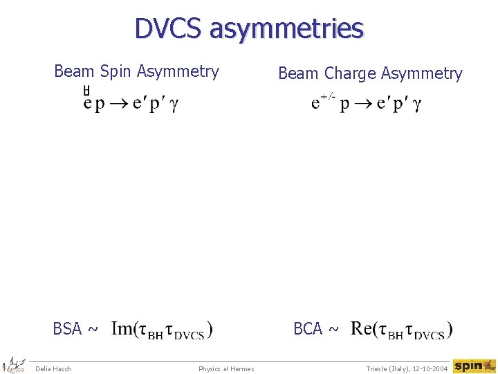 DVCS asymmetries Beam Spin Asymmetry BSA ~ Delia Hasch Beam Charge Asymmetry BCA ~