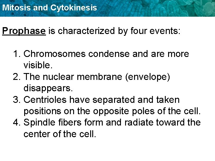 Mitosis and Cytokinesis Prophase is characterized by four events: 1. Chromosomes condense and are
