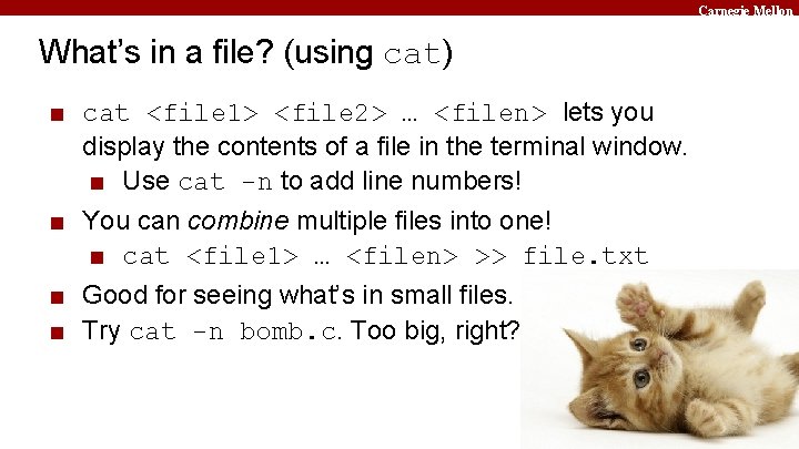 Carnegie Mellon What’s in a file? (using cat) ■ cat <file 1> <file 2>
