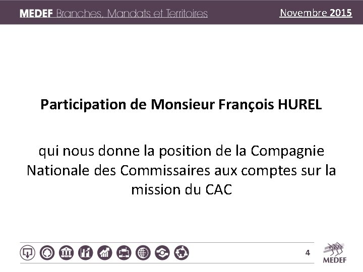 Novembre 2015 Participation de Monsieur François HUREL qui nous donne la position de la