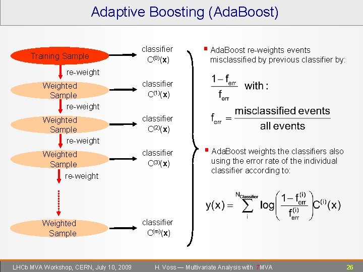 Adaptive Boosting (Ada. Boost) Training Sample classifier C(0)(x) § Ada. Boost re-weights events misclassified