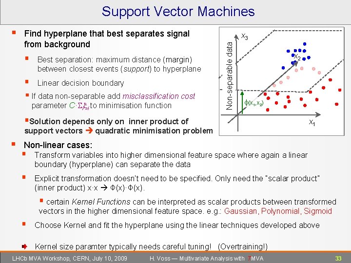 Support Vector Machines Find hyperplane that best separates signal from background § Best separation: