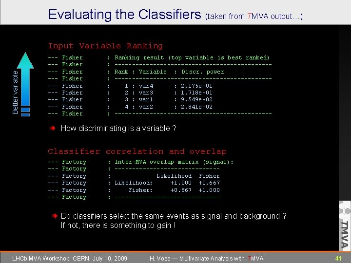 Evaluating the Classifiers (taken from TMVA output…) Better variable Input Variable Ranking ---------- Fisher