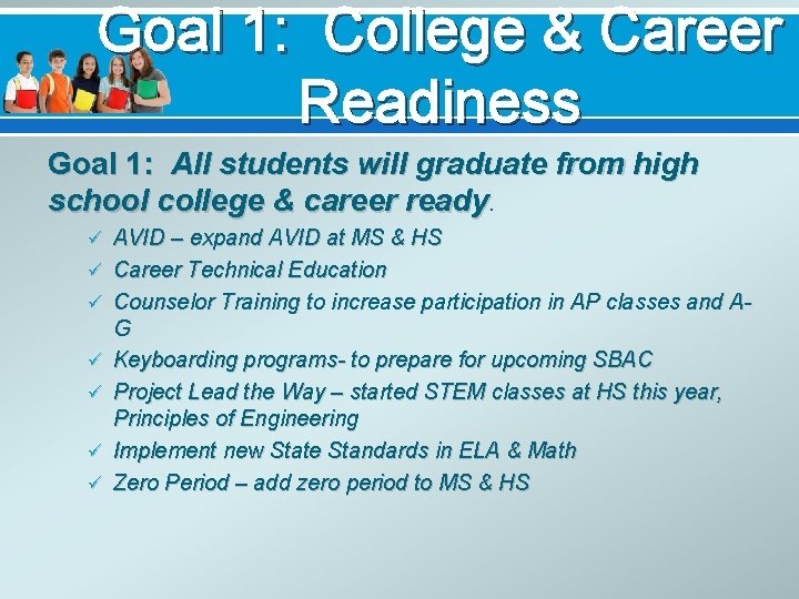 Goal 1: College & Career Readiness Goal 1: All students will graduate from high