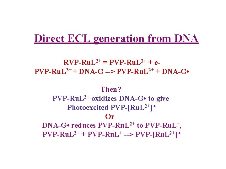 Direct ECL generation from DNA RVP-Ru. L 2+ = PVP-Ru. L 3+ + e.