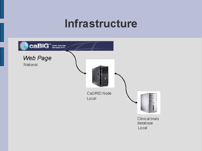 Infrastructure Web Page National Ca. GRID Node Local Clinical trials database Local 