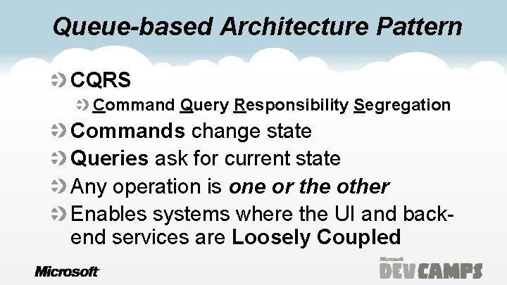 Queue-based Architecture Pattern CQRS Command Query Responsibility Segregation Commands change state Queries ask for
