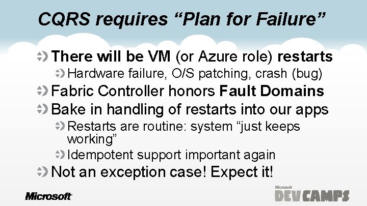 CQRS requires “Plan for Failure” There will be VM (or Azure role) restarts Hardware