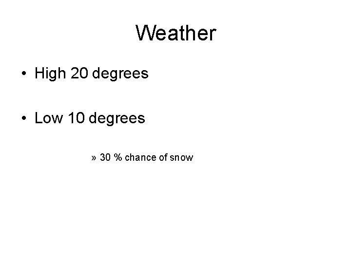 Weather • High 20 degrees • Low 10 degrees » 30 % chance of