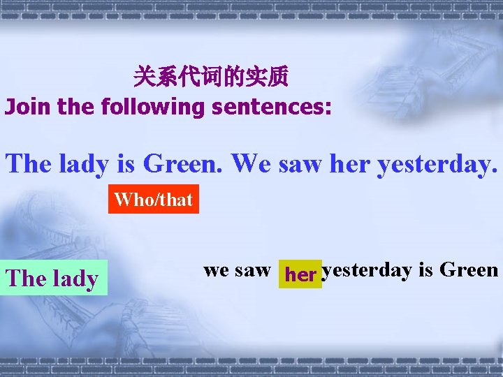 关系代词的实质 Join the following sentences: The lady is Green. We saw her yesterday. Who/that