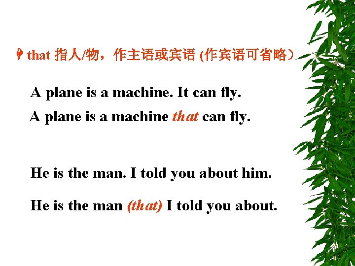  that 指人/物，作主语或宾语 (作宾语可省略） A plane is a machine. It can fly. A plane