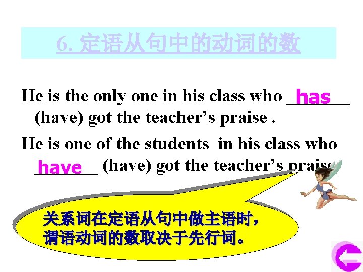 6. 定语从句中的动词的数 He is the only one in his class who _______ has (have)