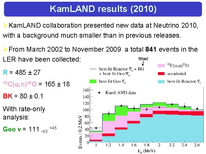 Kam. LAND results (2010) ØKam. LAND collaboration presented new data at Neutrino 2010, with