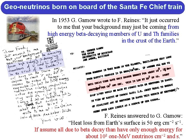 Geo-neutrinos born on board of the Santa Fe Chief train In 1953 G. Gamow