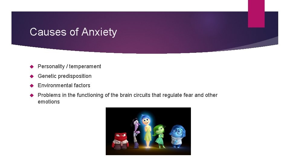 Causes of Anxiety Personality / temperament Genetic predisposition Environmental factors Problems in the functioning