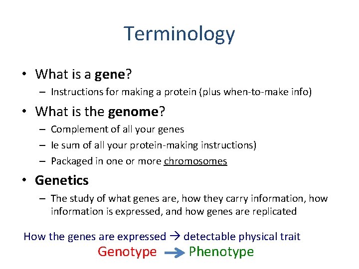 Terminology • What is a gene? – Instructions for making a protein (plus when-to-make