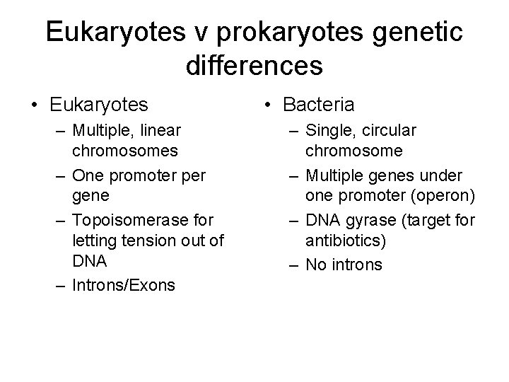 Eukaryotes v prokaryotes genetic differences • Eukaryotes – Multiple, linear chromosomes – One promoter