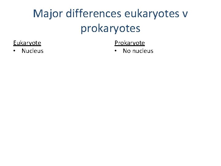 Major differences eukaryotes v prokaryotes Eukaryote • Nucleus • Replication Prokaryote • No nucleus