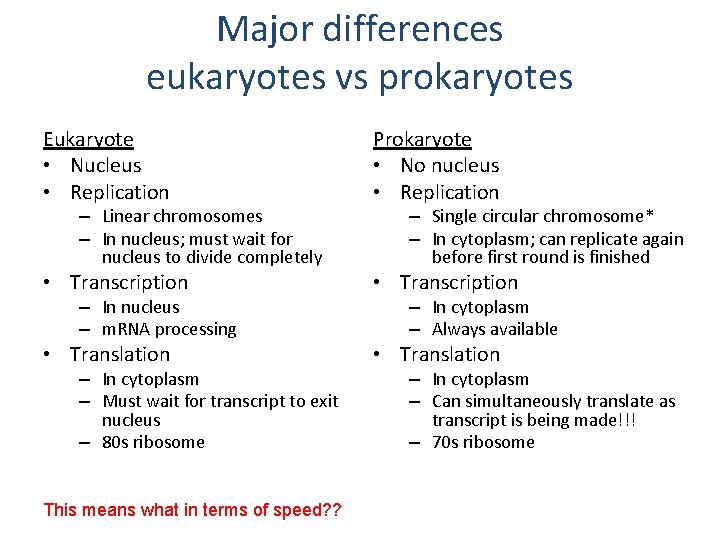 Major differences eukaryotes vs prokaryotes Eukaryote • Nucleus • Replication Prokaryote • No nucleus