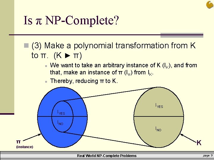 Is π NP-Complete? n (3) Make a polynomial transformation from K to π. (K