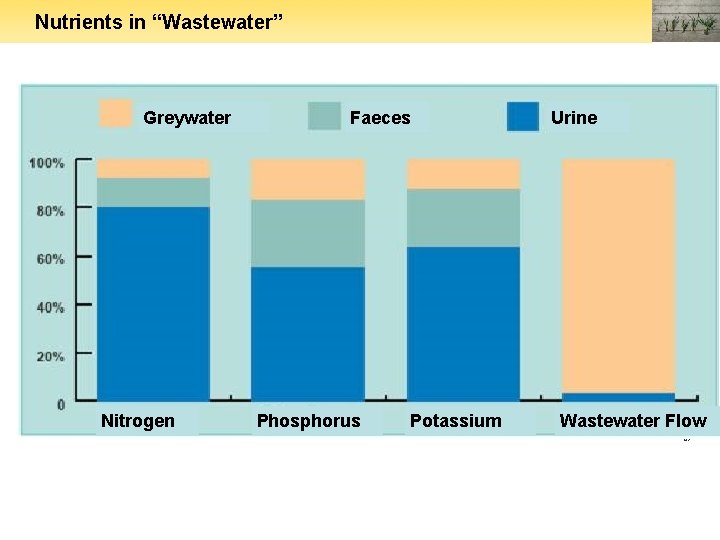 Nutrients in “Wastewater” Nitrogen Faeces Phosphorus Potassium Urine Source: (1) Greywater Wastewater Flow 