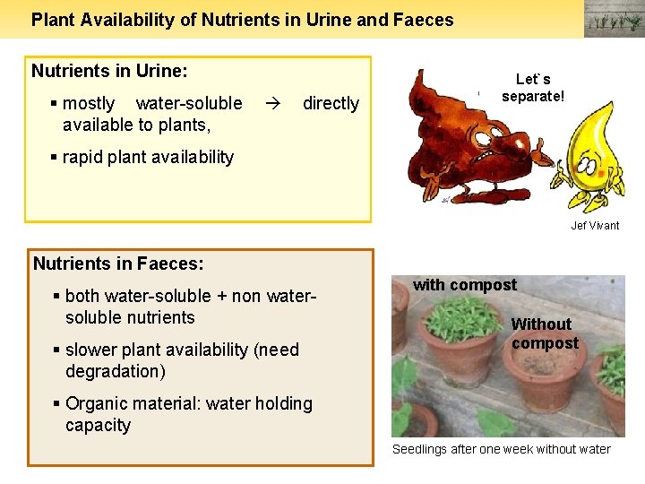Plant Availability of Nutrients in Urine and Faeces Nutrients in Urine: § mostly water-soluble